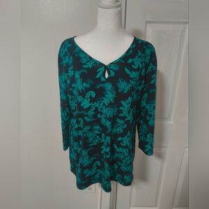Liz Claiborne Teal & Black Floral Keyhole V-Neck Tunic